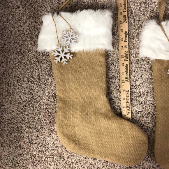 NWOT: 3 burlap lined stockings. 4”white fuzzy cuff - Picture 3 of 3